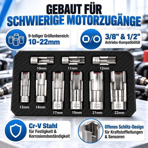 9-tlg. Injektor- & Sensor-Steckschlüsselsatz – 10–22 mm, offene Stecknüsse, 3/8