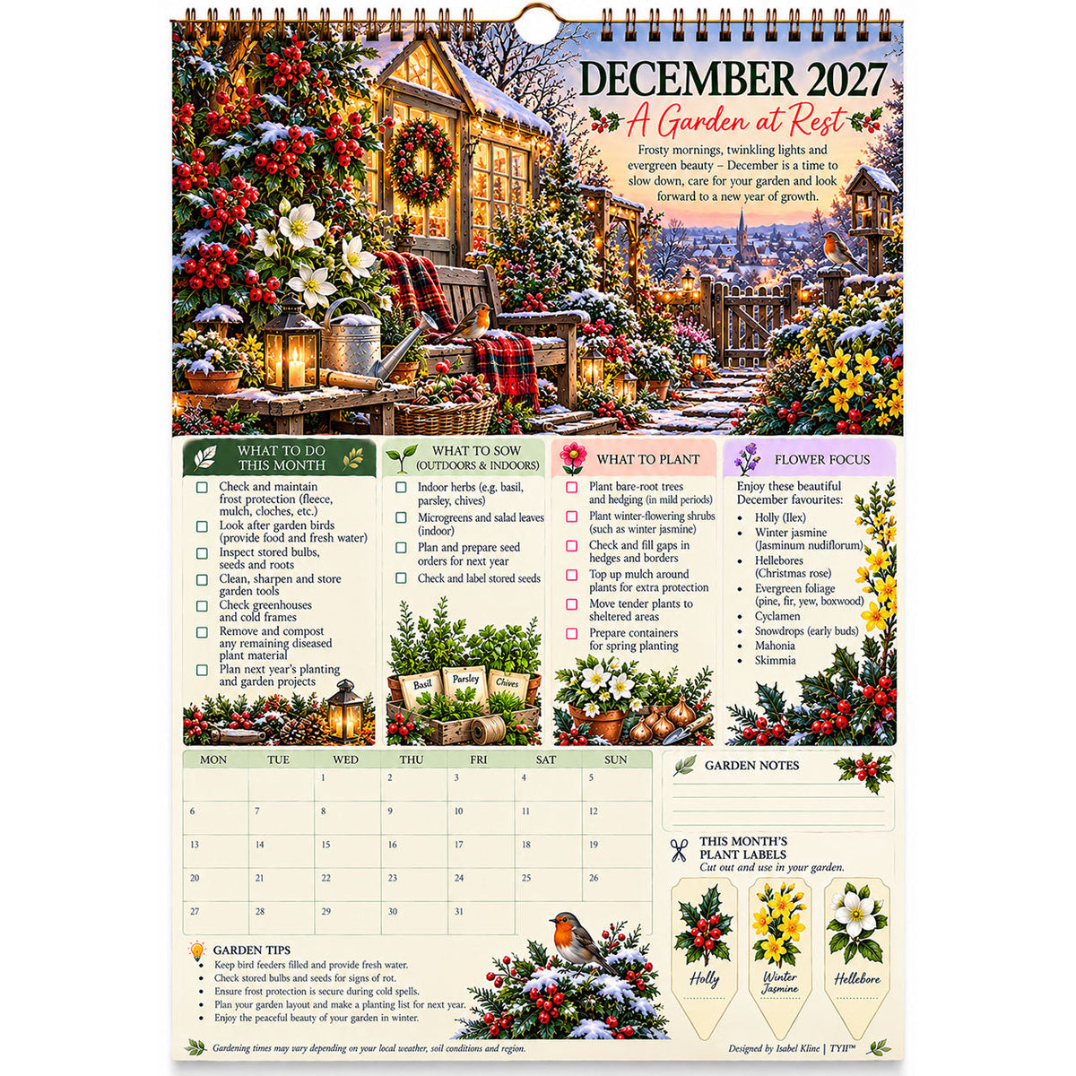 TYII™ Gartenkalender 2027 – Vier Jahreszeiten | A4-Wandkalender mit Pflanzratgeber, monatlichen Gartenarbeiten & Pflanzenetiketten