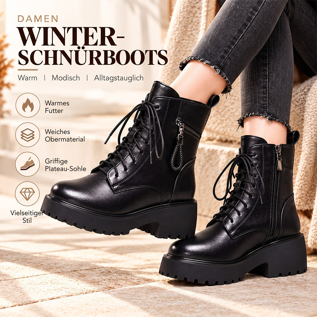 Damen Winterstiefeletten mit Warmfutter – Schnürboots mit Reißverschluss und Blockabsatz