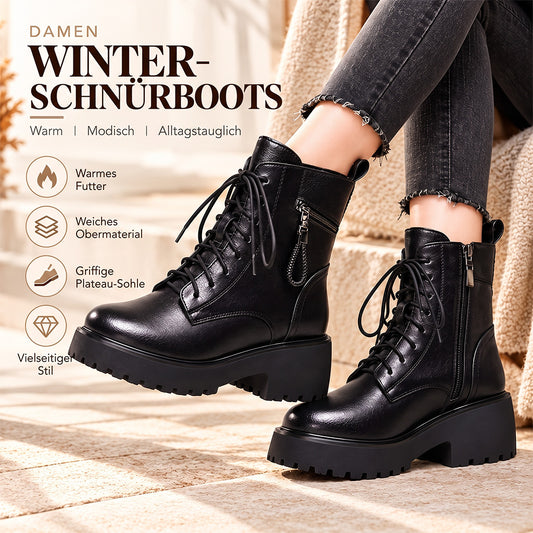 Damen Winterstiefeletten mit Warmfutter – Schnürboots mit Reißverschluss und Blockabsatz