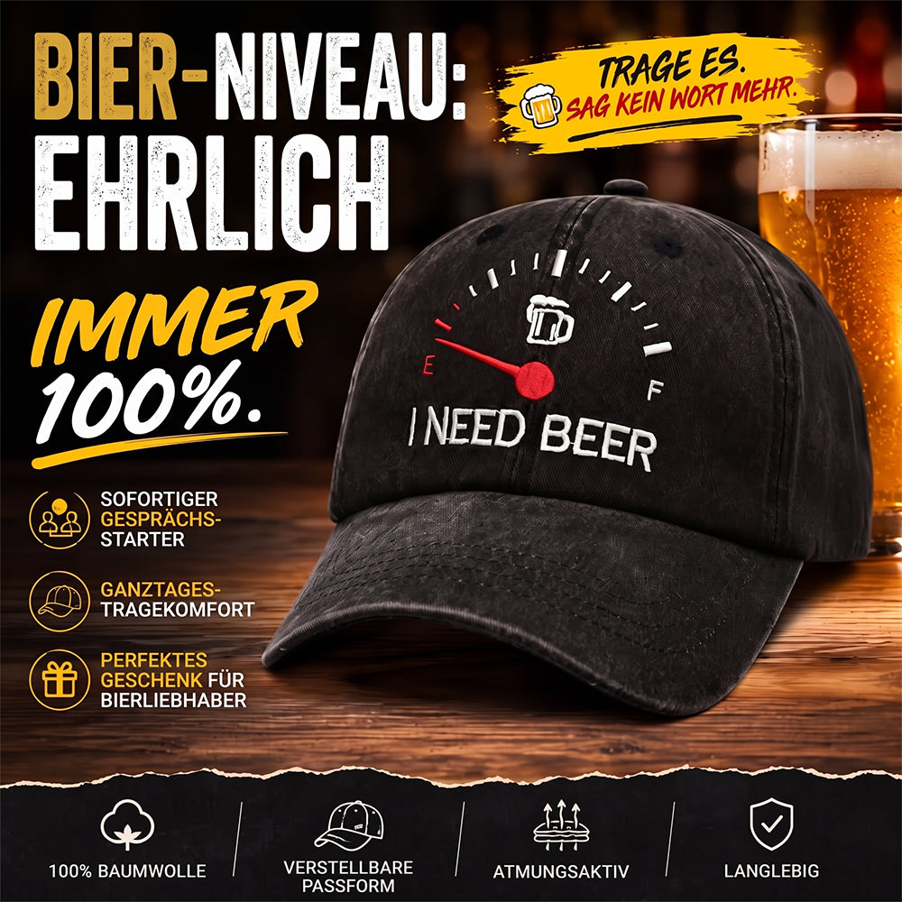 🍺 ‘I NEED BEER’ Bestickte Baseballkappe – Unisex-Modell, verstellbar, im Vintage-Wasch-Look