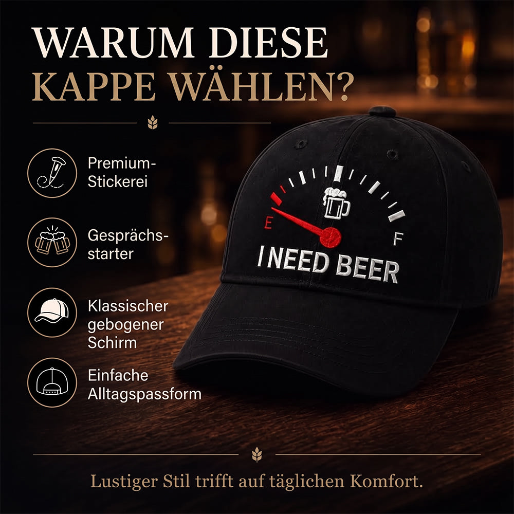 🍺 ‘I NEED BEER’ Bestickte Baseballkappe – Unisex-Modell, verstellbar, im Vintage-Wasch-Look