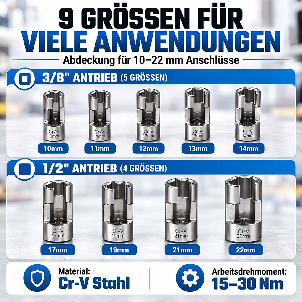 9-tlg. Injektor- & Sensor-Steckschlüsselsatz – 10–22 mm, offene Stecknüsse, 3/8" & 1/2" Antrieb