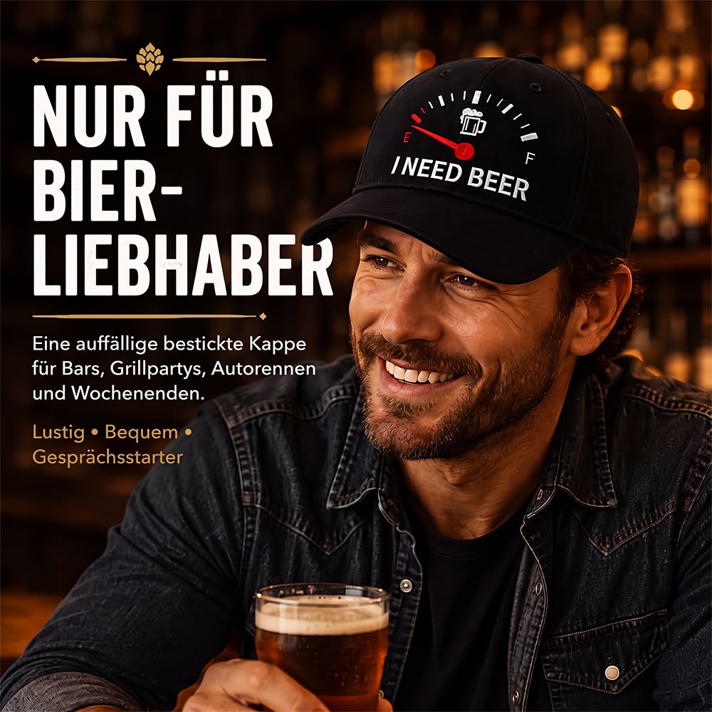 🍺 ‘I NEED BEER’ Bestickte Baseballkappe – Unisex-Modell, verstellbar, im Vintage-Wasch-Look