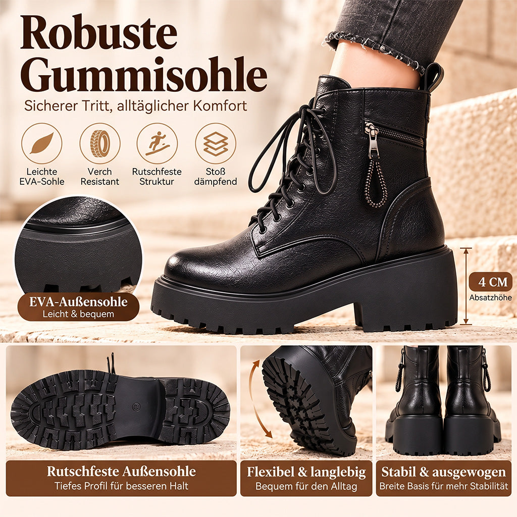 Damen Winterstiefeletten mit Warmfutter – Schnürboots mit Reißverschluss und Blockabsatz