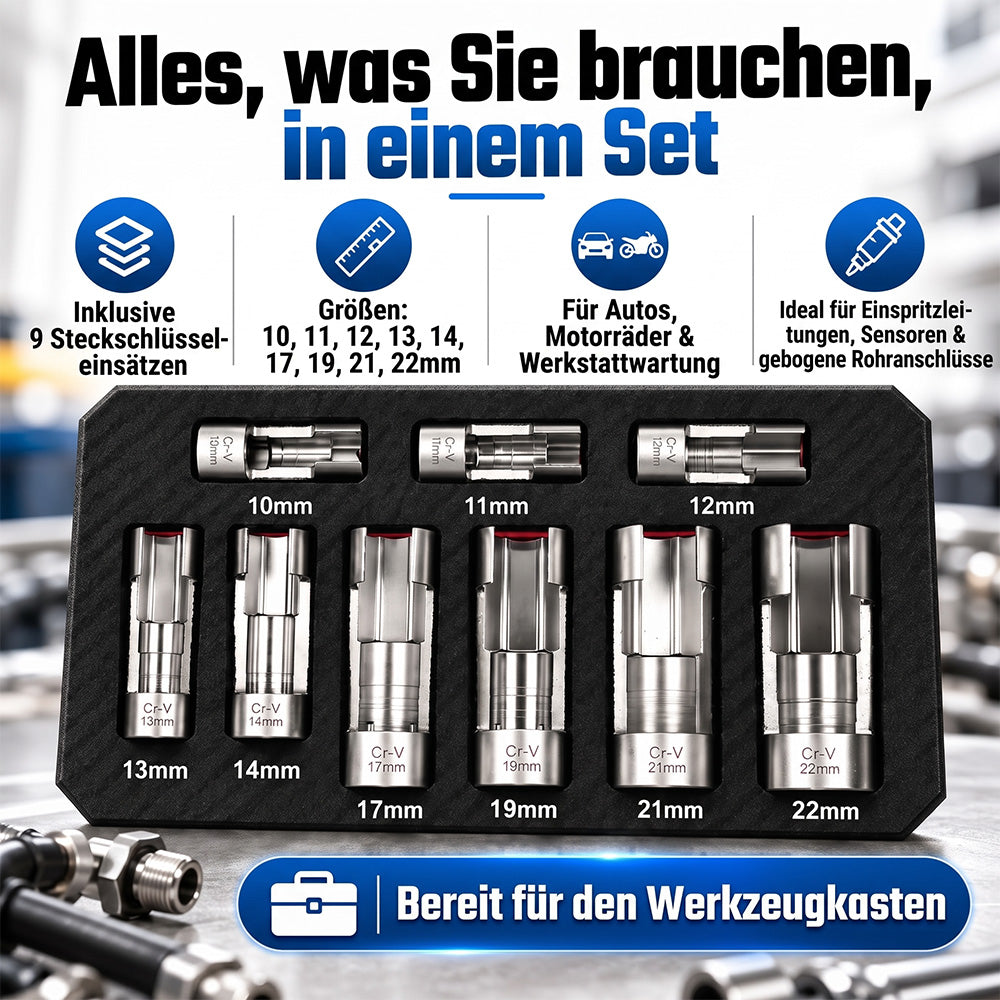 9-tlg. Injektor- & Sensor-Steckschlüsselsatz – 10–22 mm, offene Stecknüsse, 3/8" & 1/2" Antrieb