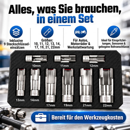 9-tlg. Injektor- & Sensor-Steckschlüsselsatz – 10–22 mm, offene Stecknüsse, 3/8" & 1/2" Antrieb