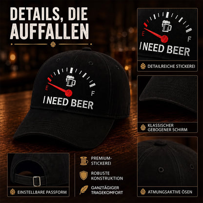 🍺 ‘I NEED BEER’ Bestickte Baseballkappe – Unisex-Modell, verstellbar, im Vintage-Wasch-Look