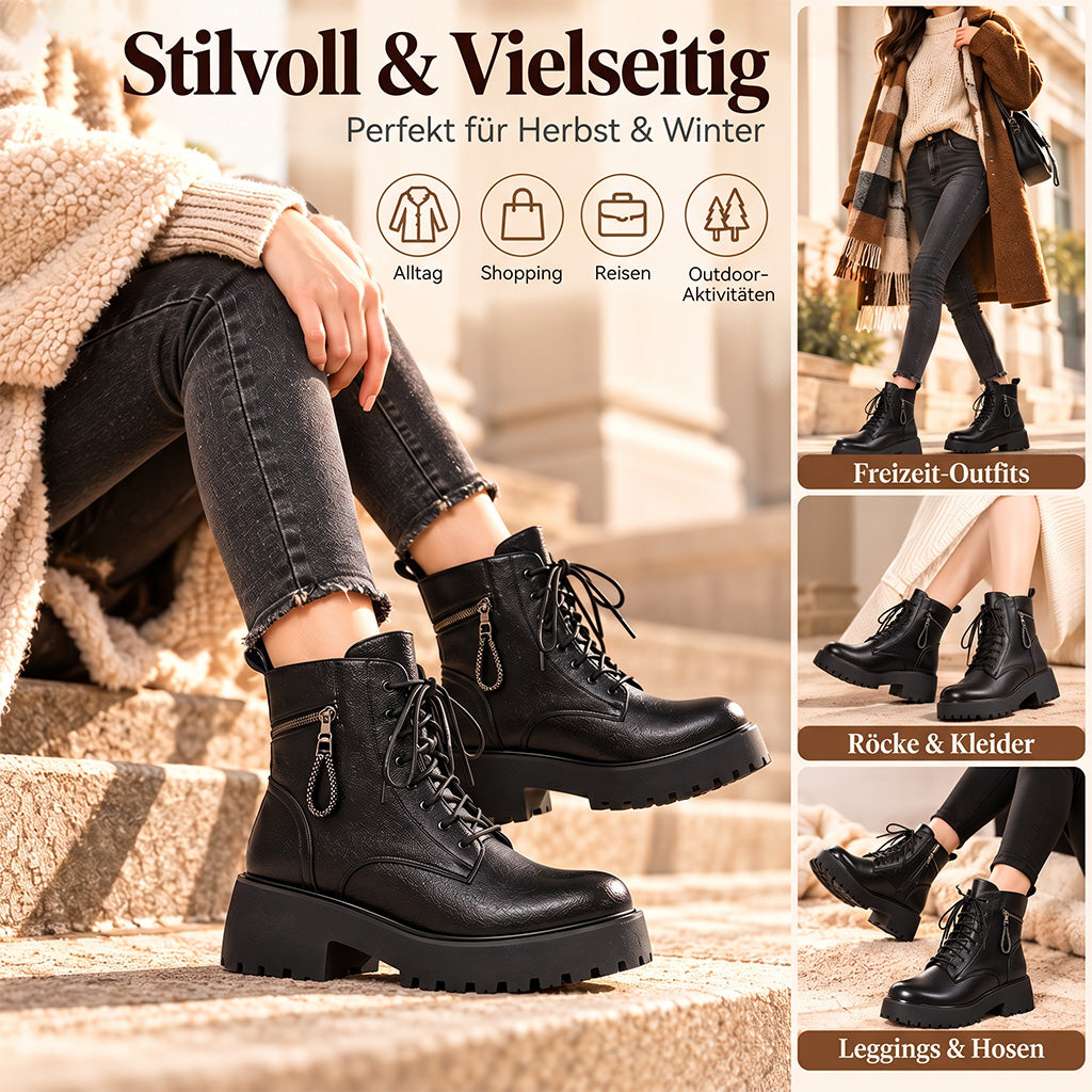Damen Winterstiefeletten mit Warmfutter – Schnürboots mit Reißverschluss und Blockabsatz