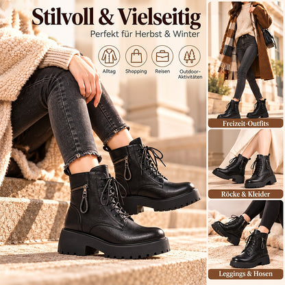 Damen Winterstiefeletten mit Warmfutter – Schnürboots mit Reißverschluss und Blockabsatz
