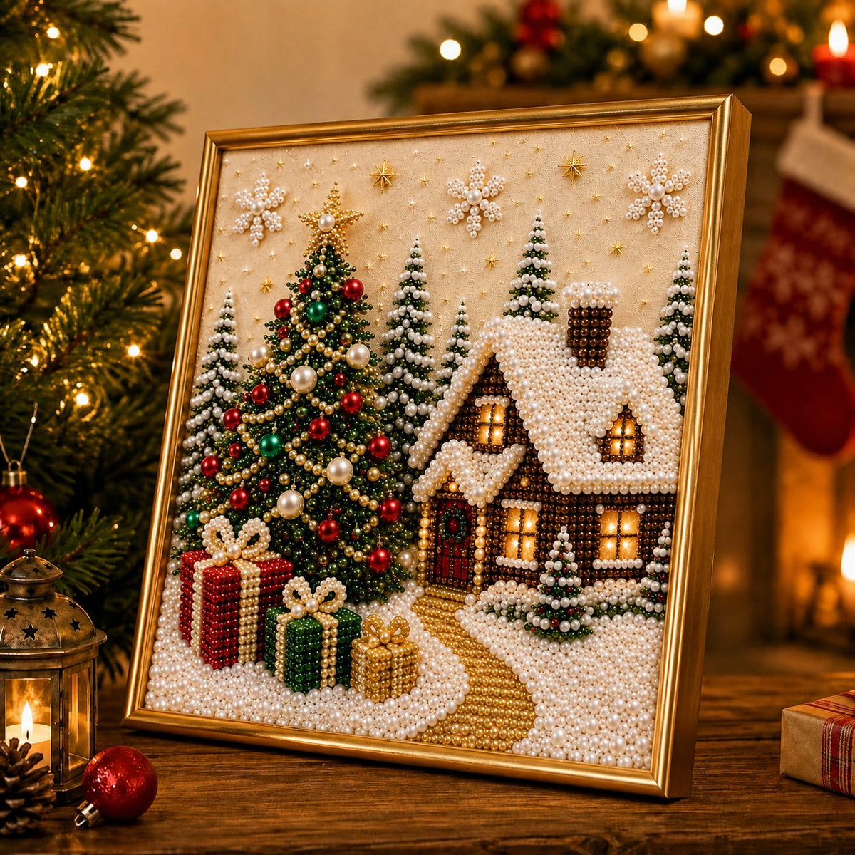 🎄🎅 Premium 3D-Perlen-Weihnachts-Wandkunst-Set | Luxuriöse beflockte Leinwand mit kratzfesten und lichtbeständigen Perlen für selbstgemachte Weihnachtsdekoration ⛄️❄️
