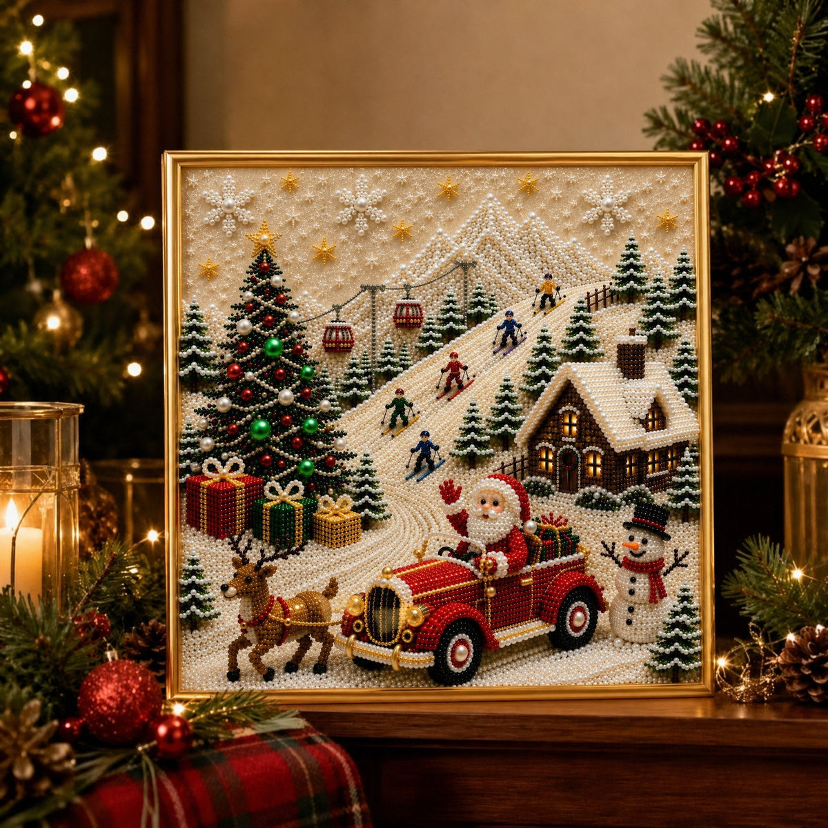 🎄🎅 Premium 3D-Perlen-Weihnachts-Wandkunst-Set | Luxuriöse beflockte Leinwand mit kratzfesten und lichtbeständigen Perlen für selbstgemachte Weihnachtsdekoration ⛄️❄️