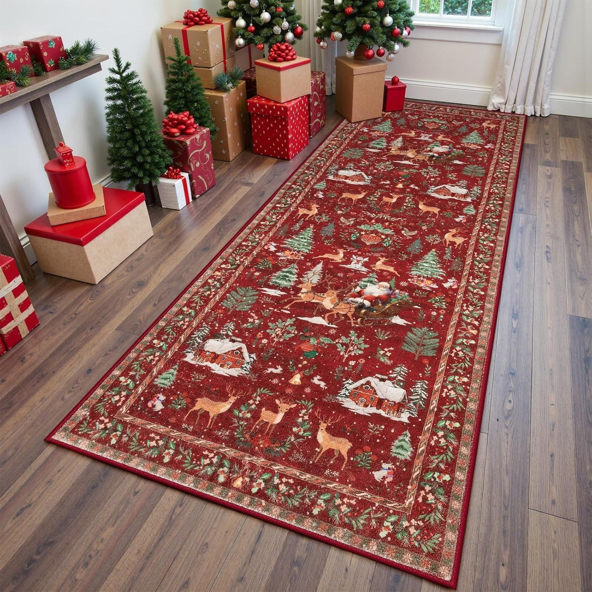 🎄Weihnachtsteppich mit Rentieren und Weihnachtsmann