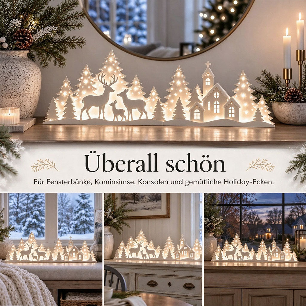 🦌 LED-Weihnachtsdekoration mit Rehen und Dorfmotiv für das Fenster | 2-teiliges beleuchtetes Set