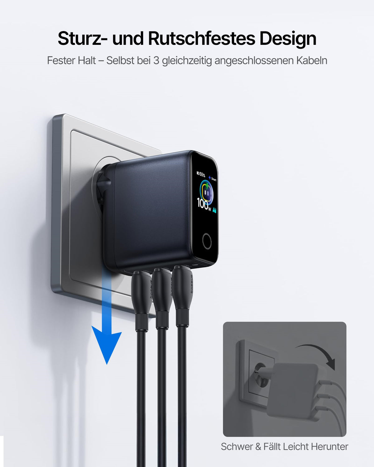 TYII™ 100W GaN USB-C Ladegerät mit Digitalanzeige – 3-Port Schnellladegerät mit intelligenter Leistungsverteilung