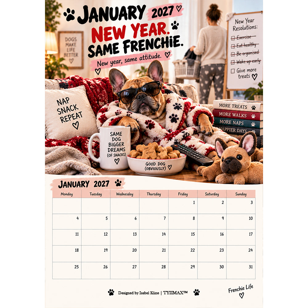 TYIIMAX™ Französische Bulldogge-Kalender 2027 – Lustiger Wandkalender mit Französischen Bulldoggen, 12-Monats-Hundekalender für Liebhaber der Rasse