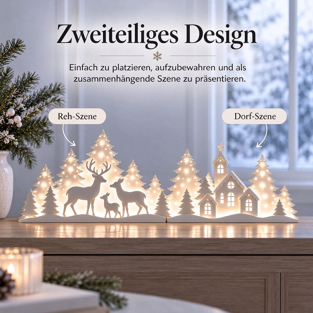 🦌 LED-Weihnachtsdekoration mit Rehen und Dorfmotiv für das Fenster | 2-teiliges beleuchtetes Set