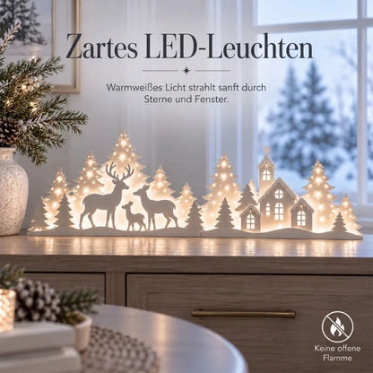 🦌 LED-Weihnachtsdekoration mit Rehen und Dorfmotiv für das Fenster | 2-teiliges beleuchtetes Set