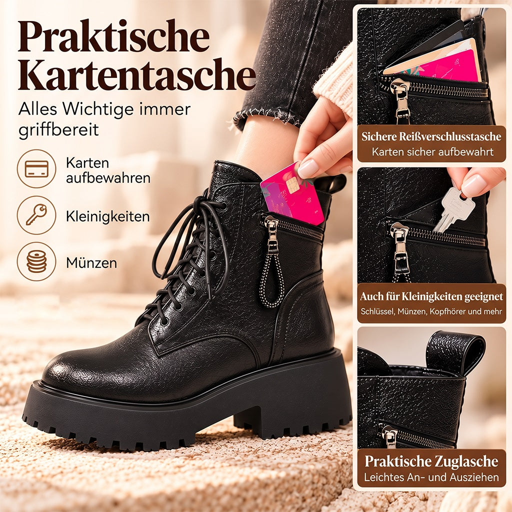 Damen Winterstiefeletten mit Warmfutter – Schnürboots mit Reißverschluss und Blockabsatz