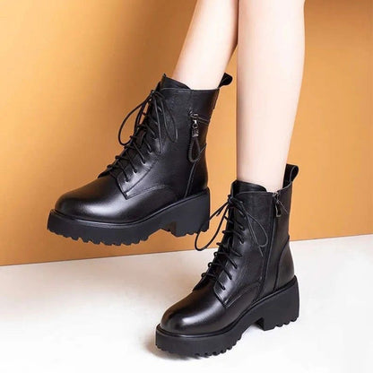 Damen Winterstiefeletten mit Warmfutter – Schnürboots mit Reißverschluss und Blockabsatz