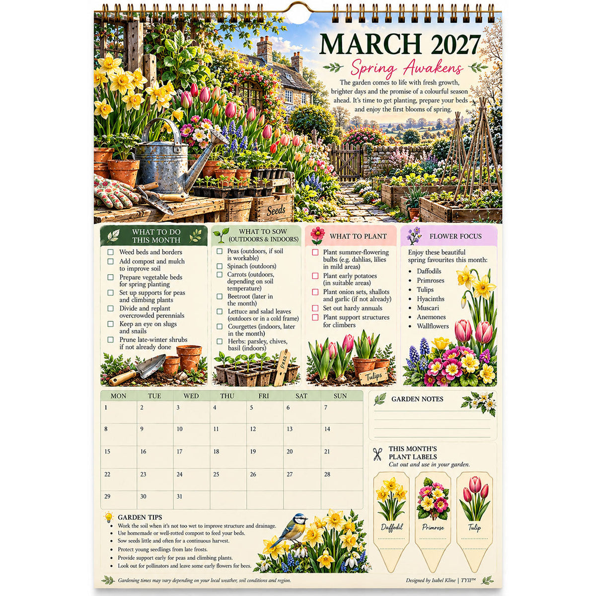 TYII™ Gartenkalender 2027 – Vier Jahreszeiten | A4-Wandkalender mit Pflanzratgeber, monatlichen Gartenarbeiten & Pflanzenetiketten
