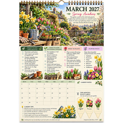 TYII™ Gartenkalender 2027 – Vier Jahreszeiten | A4-Wandkalender mit Pflanzratgeber, monatlichen Gartenarbeiten & Pflanzenetiketten