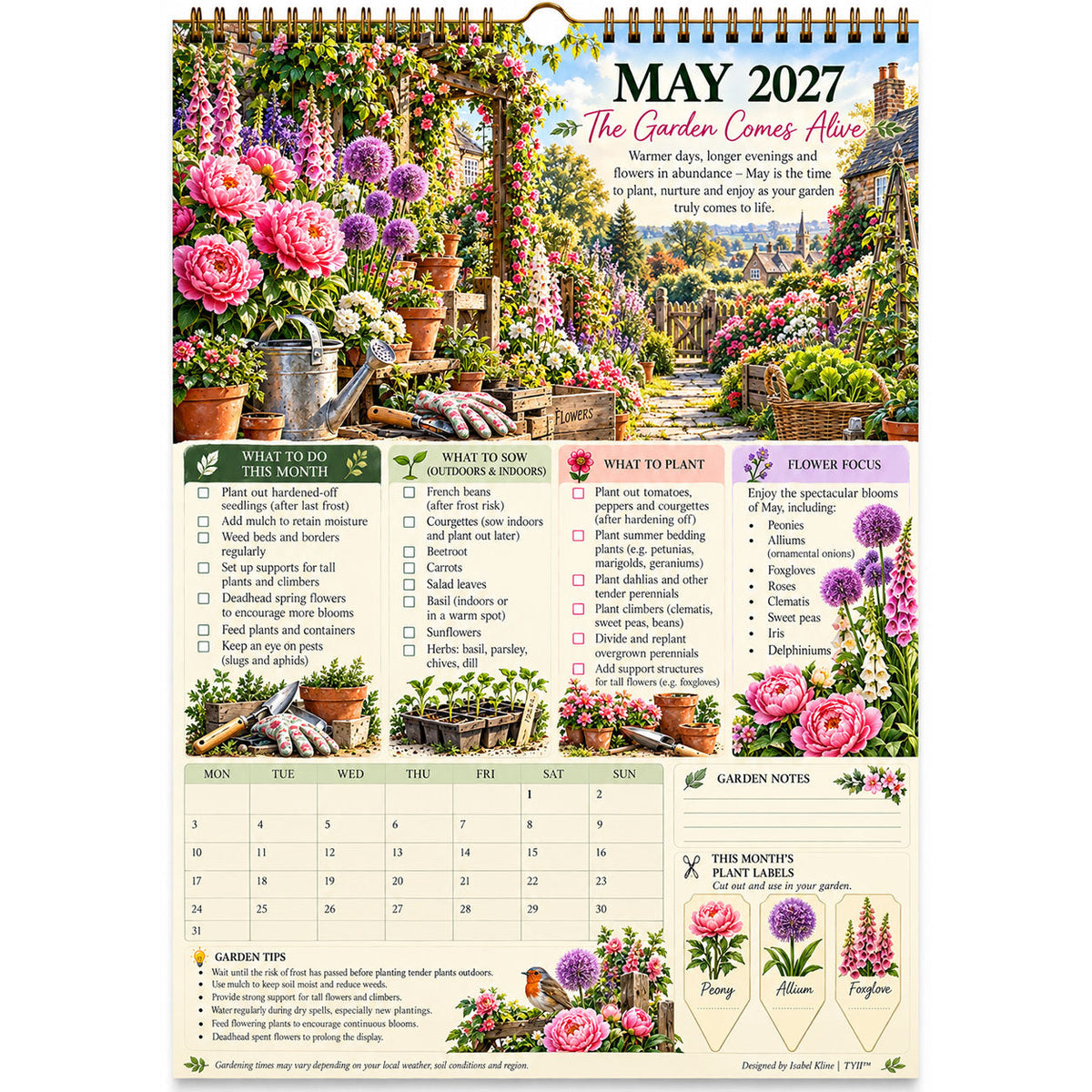 TYII™ Gartenkalender 2027 – Vier Jahreszeiten | A4-Wandkalender mit Pflanzratgeber, monatlichen Gartenarbeiten & Pflanzenetiketten