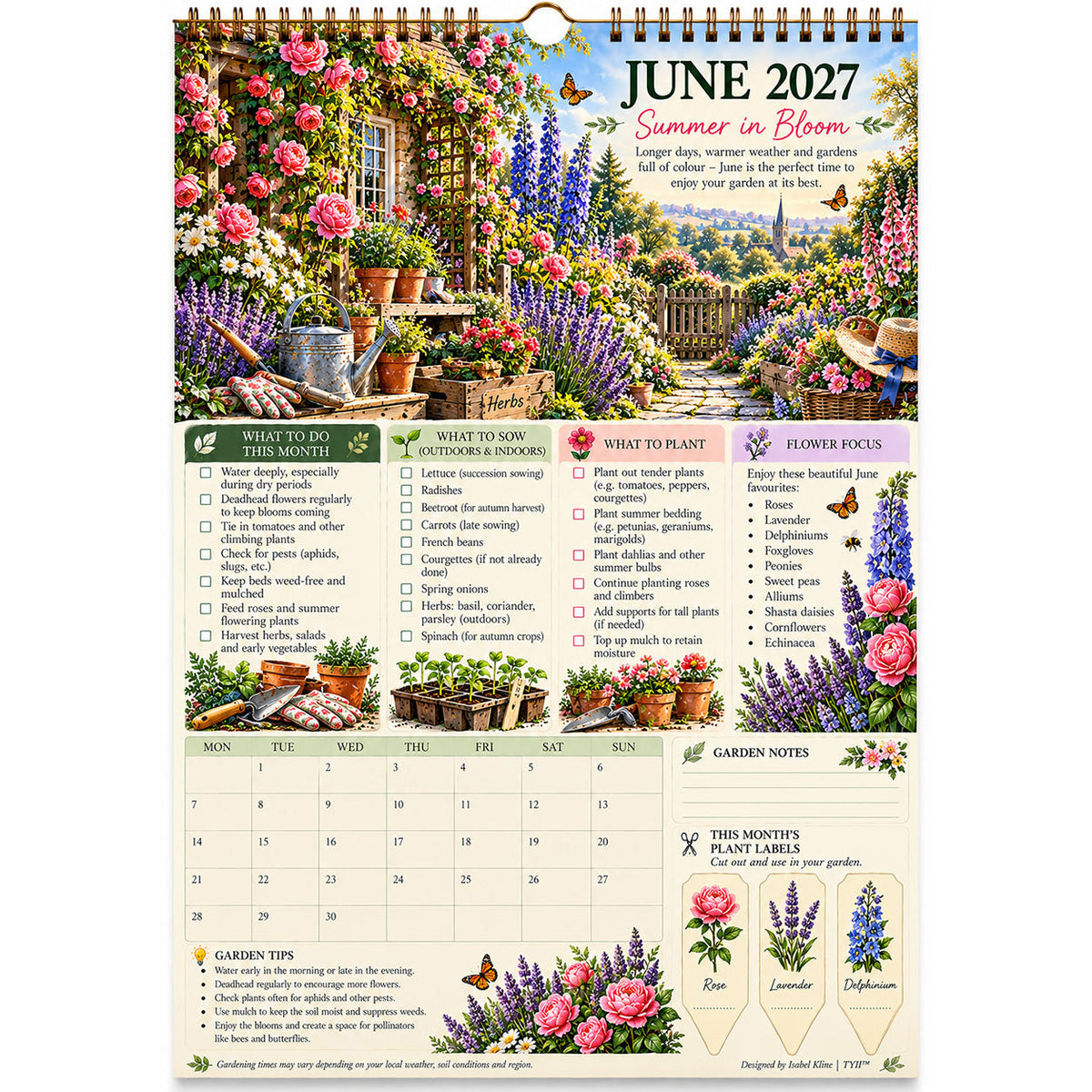 TYII™ Gartenkalender 2027 – Vier Jahreszeiten | A4-Wandkalender mit Pflanzratgeber, monatlichen Gartenarbeiten & Pflanzenetiketten