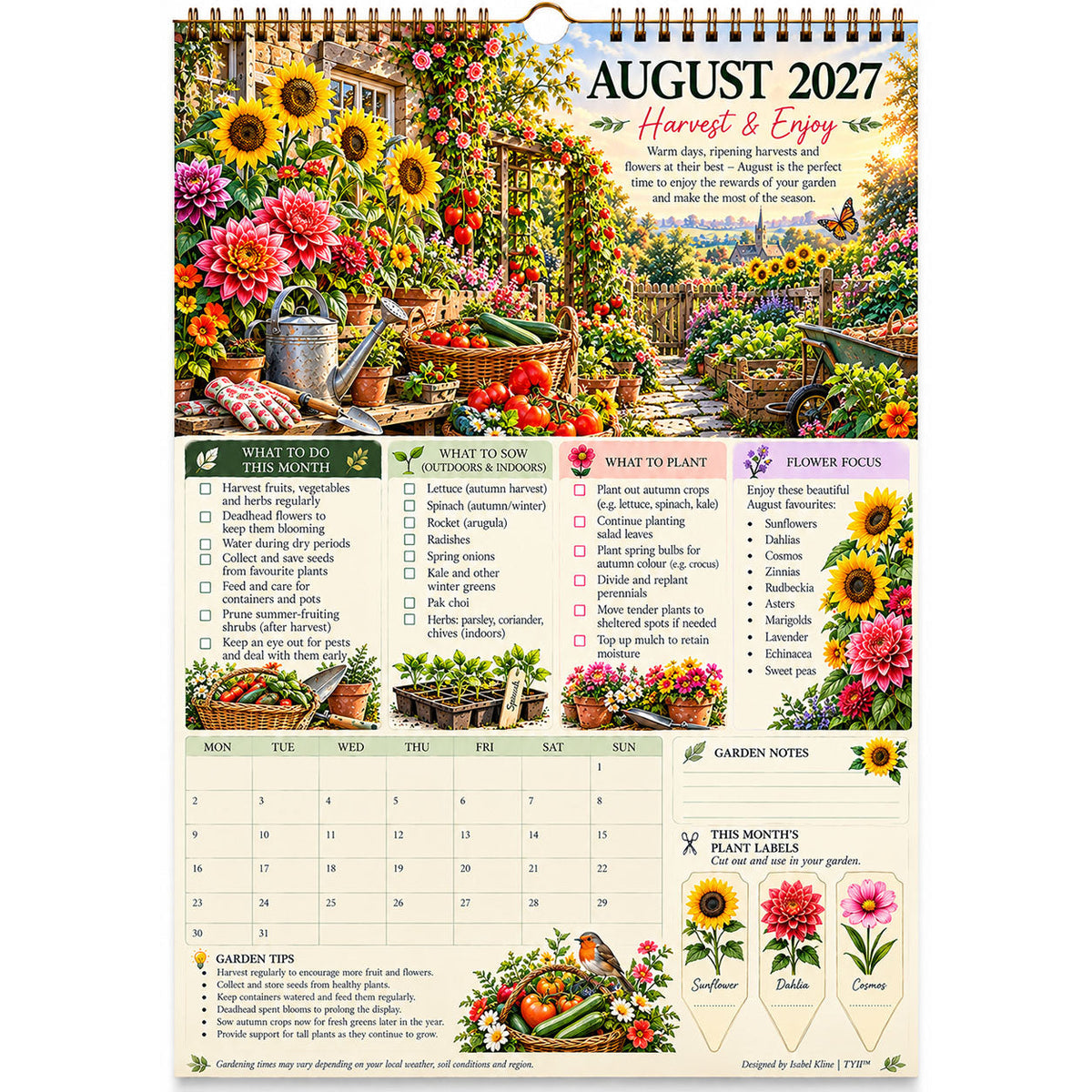TYII™ Gartenkalender 2027 – Vier Jahreszeiten | A4-Wandkalender mit Pflanzratgeber, monatlichen Gartenarbeiten & Pflanzenetiketten