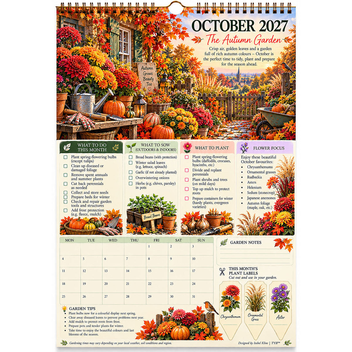 TYII™ Gartenkalender 2027 – Vier Jahreszeiten | A4-Wandkalender mit Pflanzratgeber, monatlichen Gartenarbeiten & Pflanzenetiketten