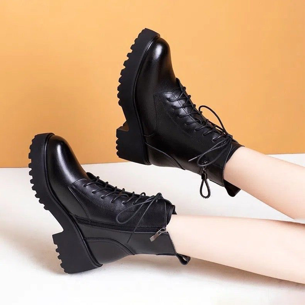 Damen Winterstiefeletten mit Warmfutter – Schnürboots mit Reißverschluss und Blockabsatz