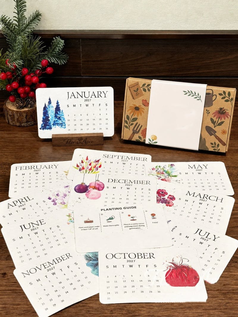 2027 Botanischer Tischkalender mit handgemalten Motiven – Nachhaltige Zero-Waste-Edition