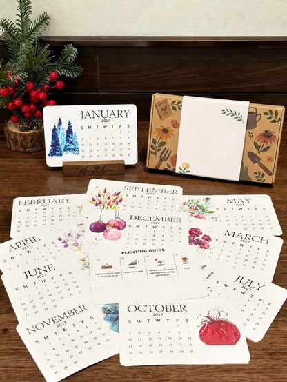2027 Botanischer Tischkalender mit handgemalten Motiven – Nachhaltige Zero-Waste-Edition