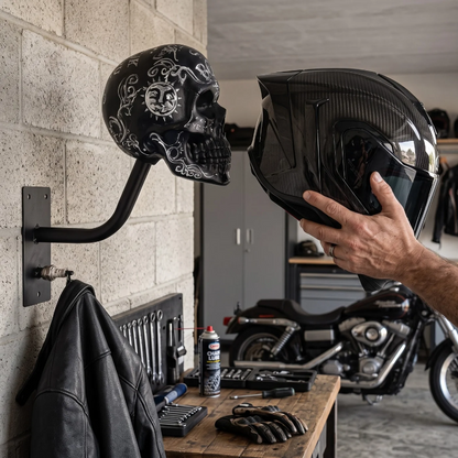 Motorradhelm-Halterung „Totenkopf“ – Wandhalterung im Punk-Totenkopf-Design für Helme, Jacken & Garagendekoration