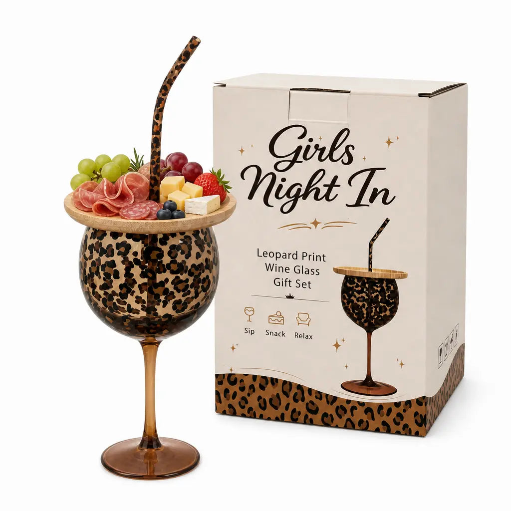 Weingläser- und Snackplatten-Set mit Leopardenmuster
