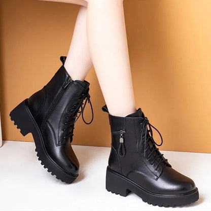 Damen Winterstiefeletten mit Warmfutter – Schnürboots mit Reißverschluss und Blockabsatz