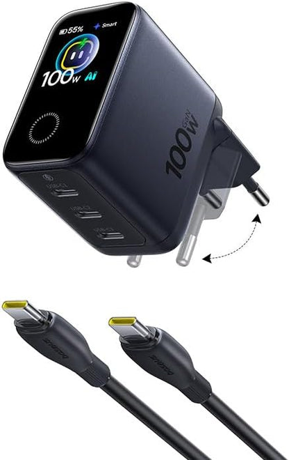 TYII™ 100W GaN USB-C Ladegerät mit Digitalanzeige – 3-Port Schnellladegerät mit intelligenter Leistungsverteilung