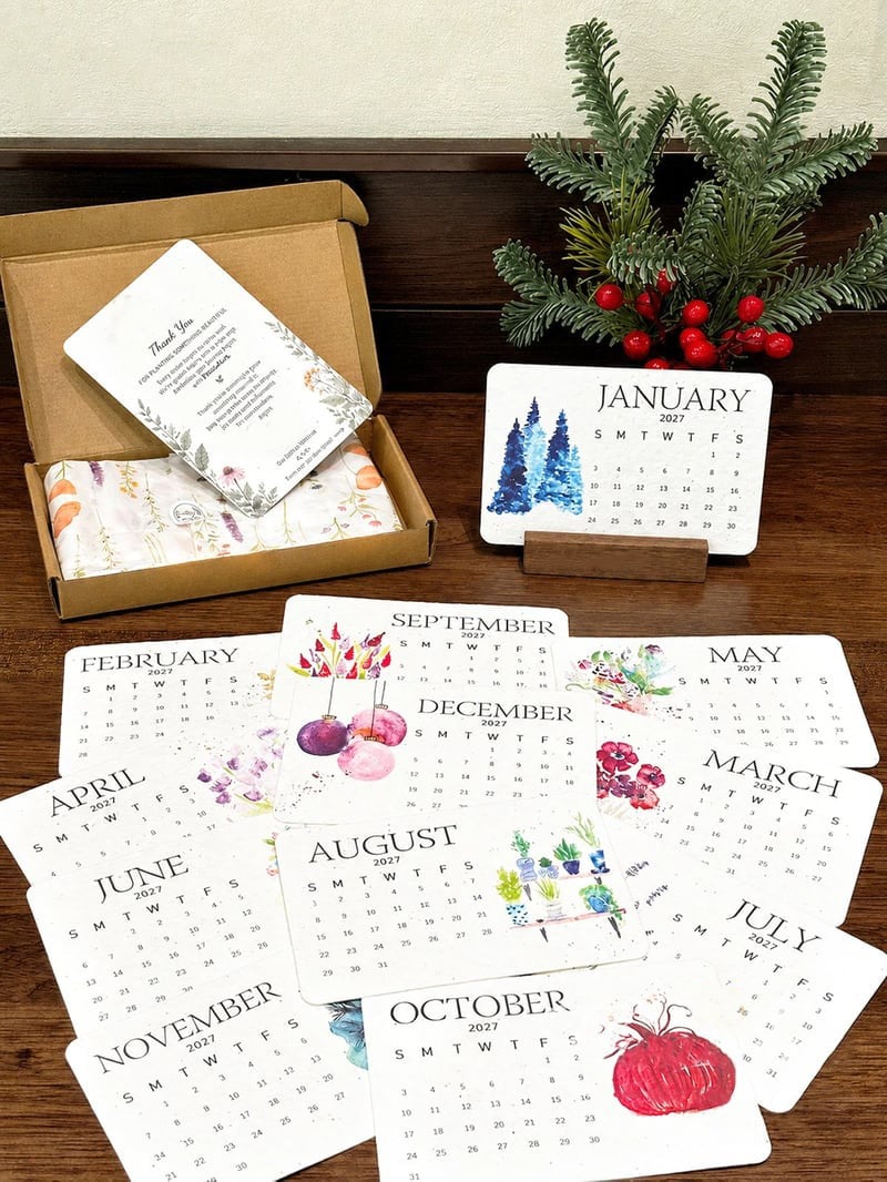 2027 Botanischer Tischkalender mit handgemalten Motiven – Nachhaltige Zero-Waste-Edition