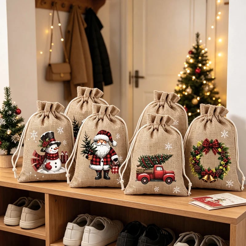 🎁 Weihnachts-Geschenkbeutel mit Kordelzug – Festliche Weihnachtsmann- & Rentiermotive, Doppel-Kordelzug & strapazierfähiger Stoff ✨