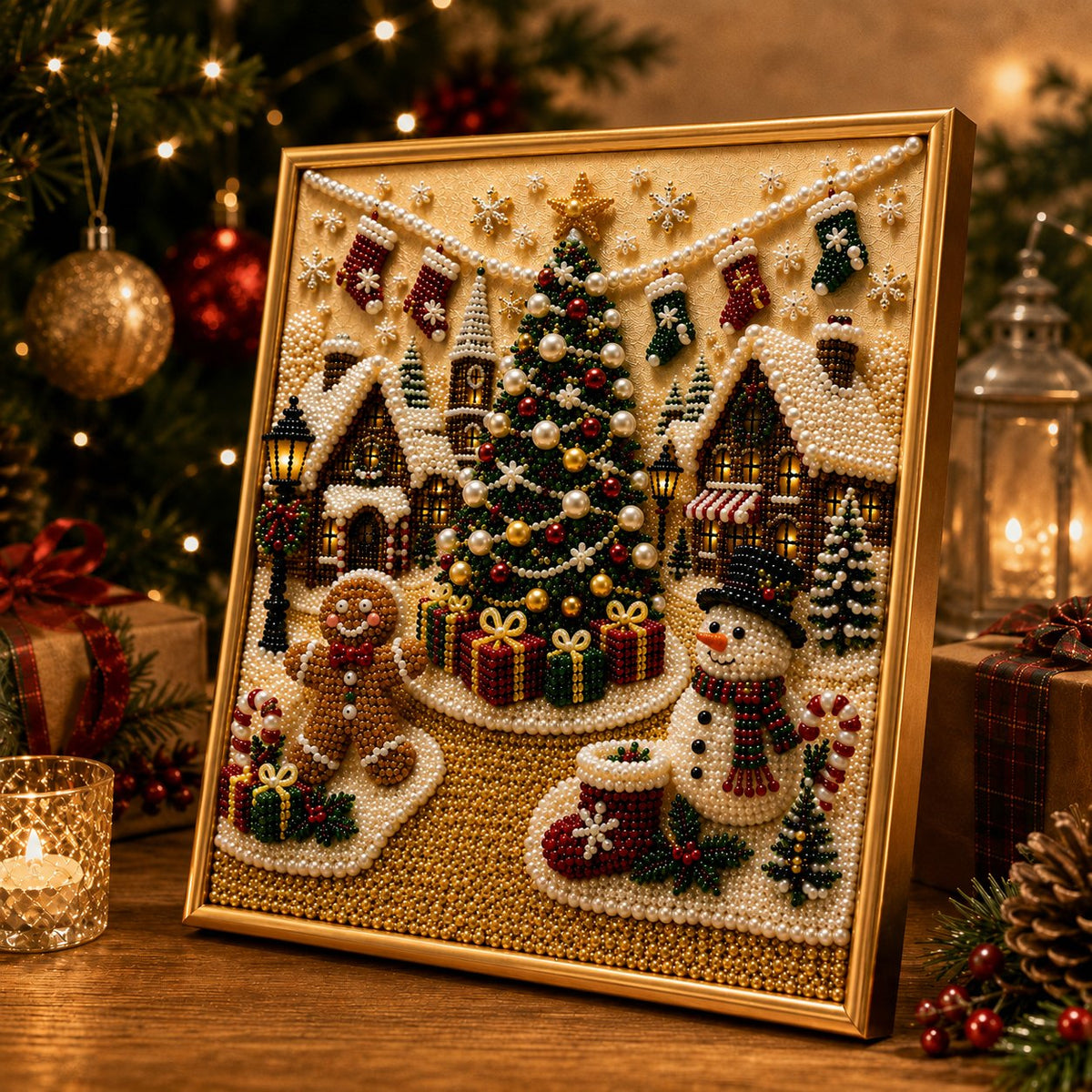 🎄🎅 Premium 3D-Perlen-Weihnachts-Wandkunst-Set | Luxuriöse beflockte Leinwand mit kratzfesten und lichtbeständigen Perlen für selbstgemachte Weihnachtsdekoration ⛄️❄️