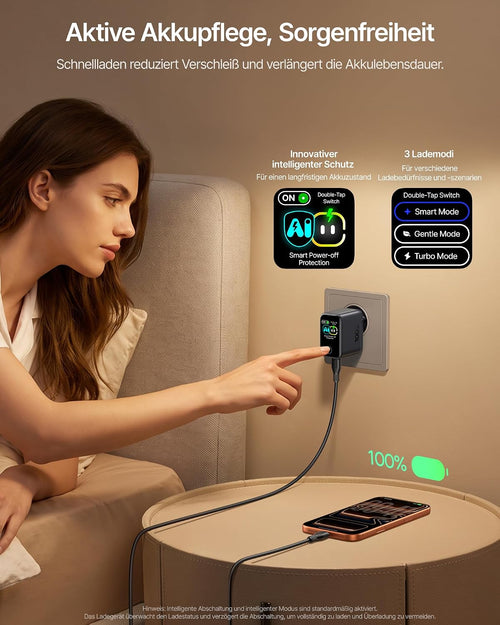 TYII™ 100W GaN USB-C Ladegerät mit Digitalanzeige – 3-Port Schnellladegerät mit intelligenter Leistungsverteilung