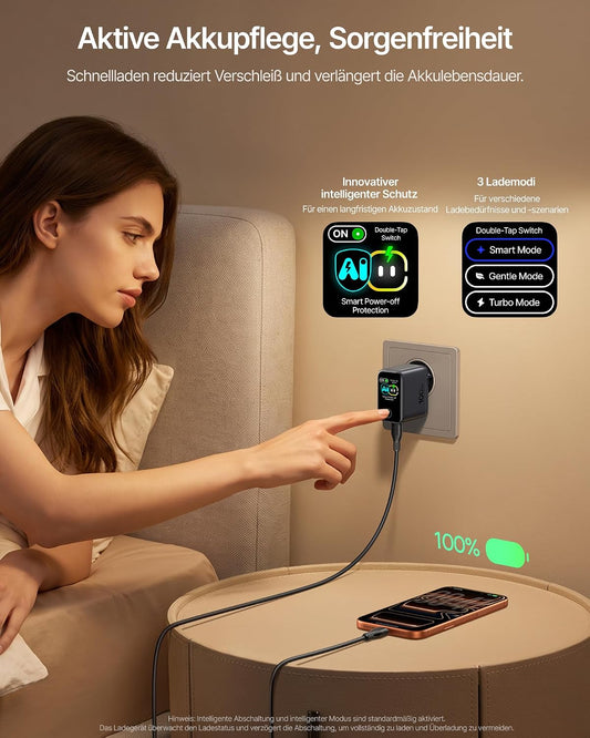 TYII™ 100W GaN USB-C Ladegerät mit Digitalanzeige – 3-Port Schnellladegerät mit intelligenter Leistungsverteilung