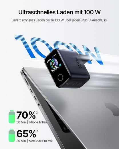 TYII™ 100W GaN USB-C Ladegerät mit Digitalanzeige – 3-Port Schnellladegerät mit intelligenter Leistungsverteilung