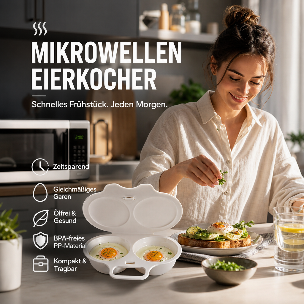 🍳Mikrowellen-Eierkocher mit Deckel und Griff – Schnell, sicher & platzsparend – Perfekt für das schnelle Frühstück, Weich- & Hartgekochte Eier in Minuten ✨