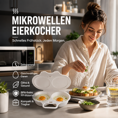 🍳Mikrowellen-Eierkocher mit Deckel und Griff – Schnell, sicher & platzsparend – Perfekt für das schnelle Frühstück, Weich- & Hartgekochte Eier in Minuten ✨