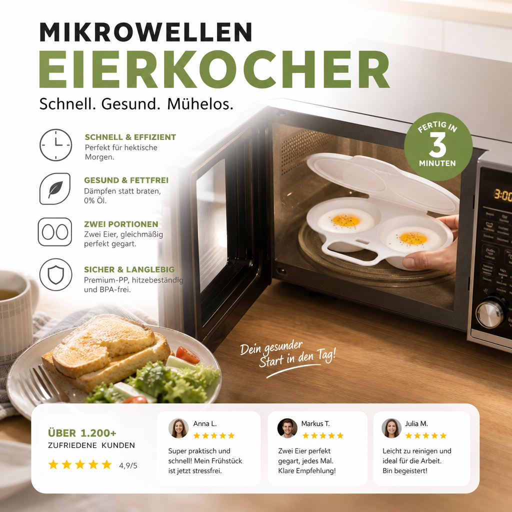 🍳Mikrowellen-Eierkocher mit Deckel und Griff – Schnell, sicher & platzsparend – Perfekt für das schnelle Frühstück, Weich- & Hartgekochte Eier in Minuten ✨