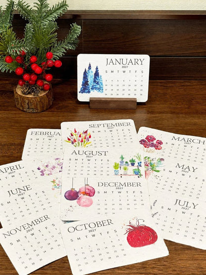 2027 Botanischer Tischkalender mit handgemalten Motiven – Nachhaltige Zero-Waste-Edition