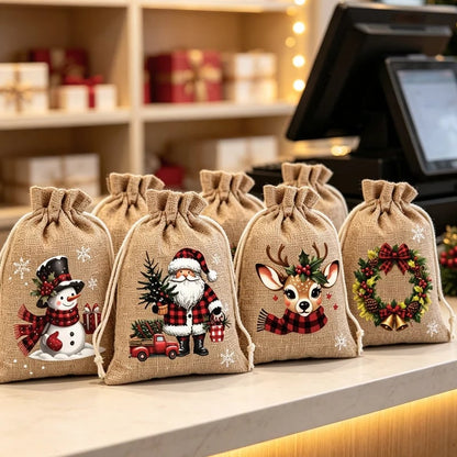 🎁 Weihnachts-Geschenkbeutel mit Kordelzug – Festliche Weihnachtsmann- & Rentiermotive, Doppel-Kordelzug & strapazierfähiger Stoff ✨