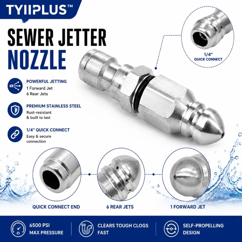 6500 PSI Sewer Jetter Nozzle – 1/4' Quick Connect Drain Cleaning Attachment for Pressure Washers