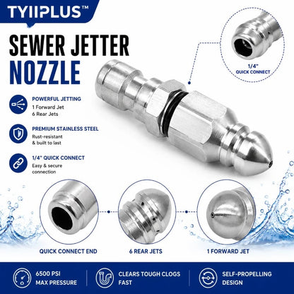 6500 PSI Sewer Jetter Nozzle – 1/4' Quick Connect Drain Cleaning Attachment for Pressure Washers
